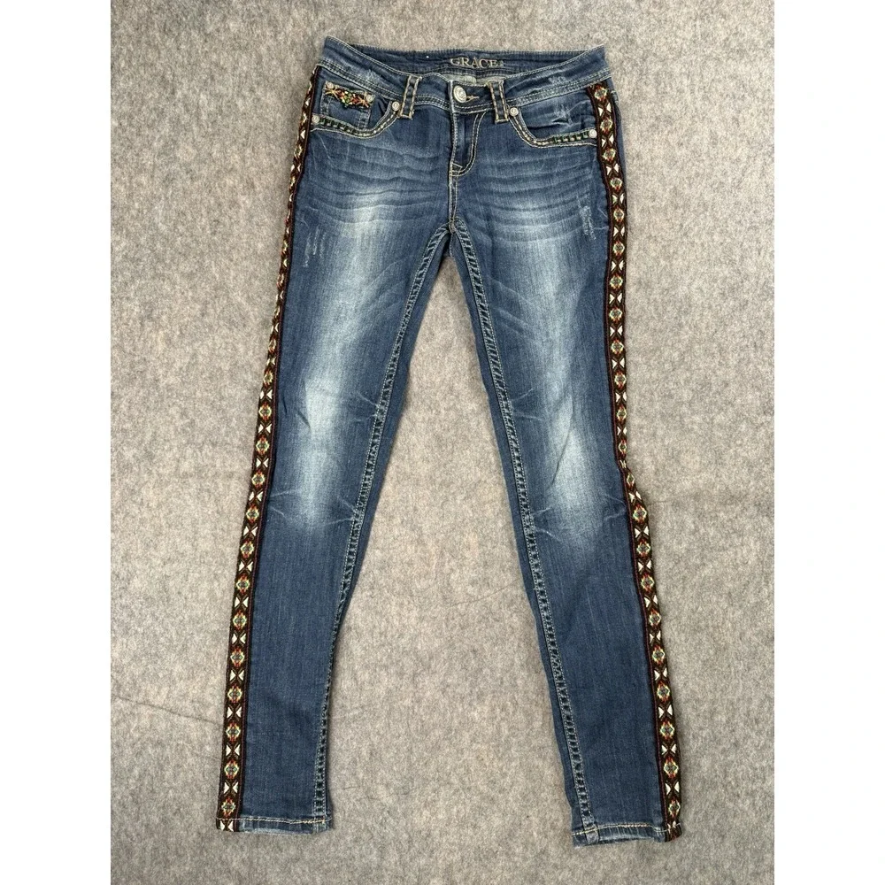 Grace In LA Jeans Women 27 Blue Denim Skinny Guitar Strap Southwest Native - Picture 1 of 11